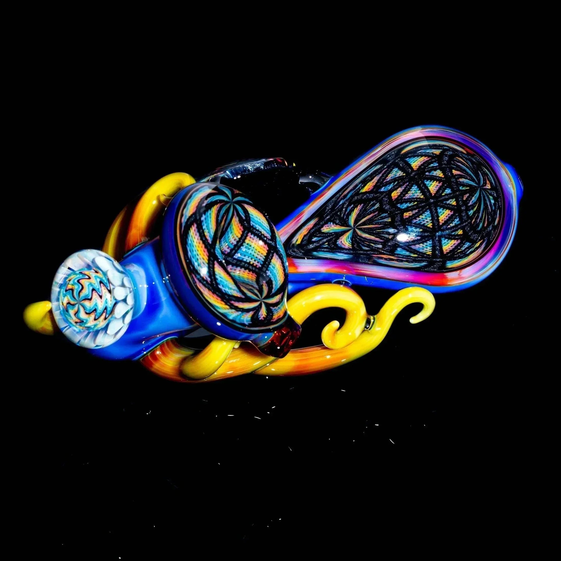 Colorful lattice retticello sherlock glass pipe with intricate patterns and yellow swirls