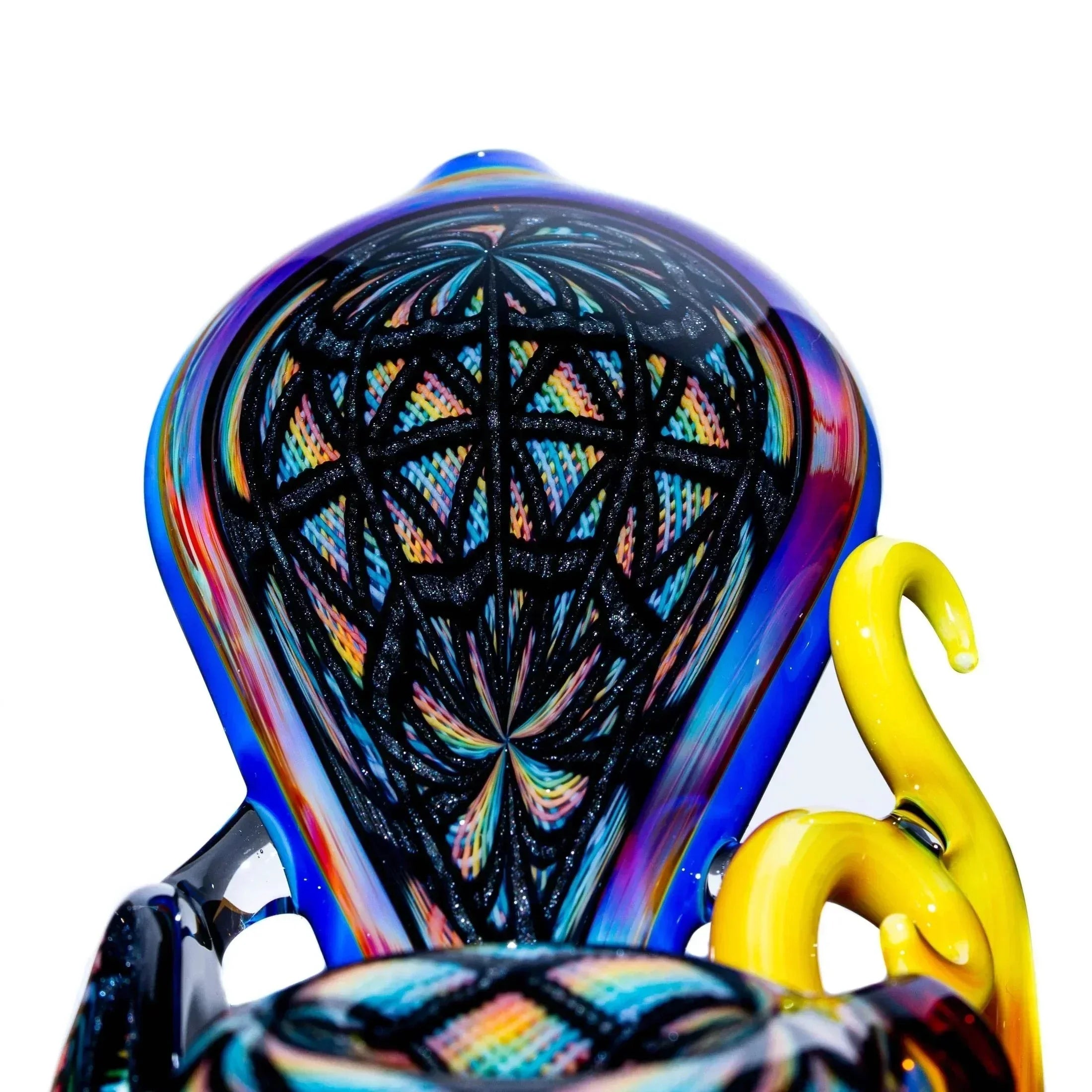 Colorful glass sherlock pipe with intricate lattice retticello and fillacello designs