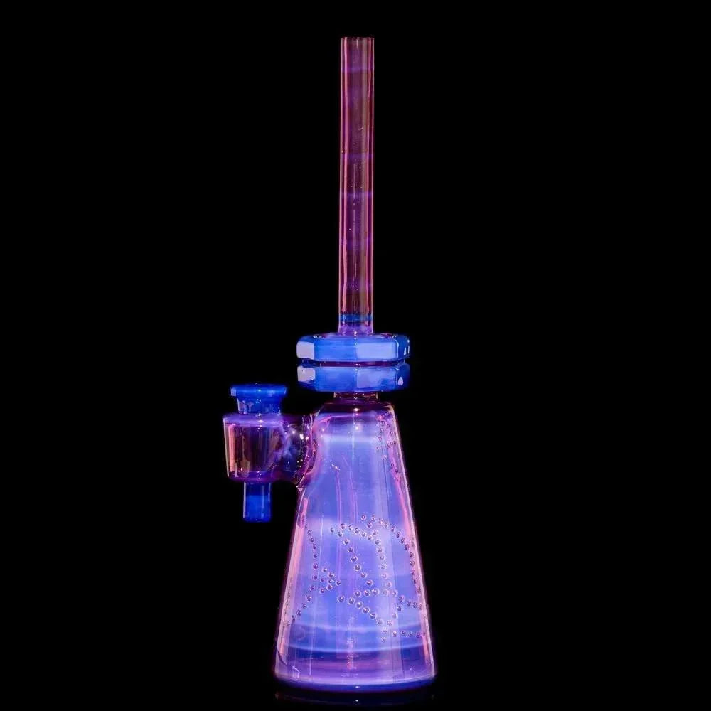 Colorful iridescent glass water pipe with detailed beadwork, displayed on black background