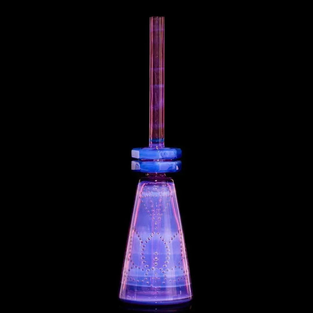 Purple and blue artistic glass smoking pipe with intricate bubble pattern on black background