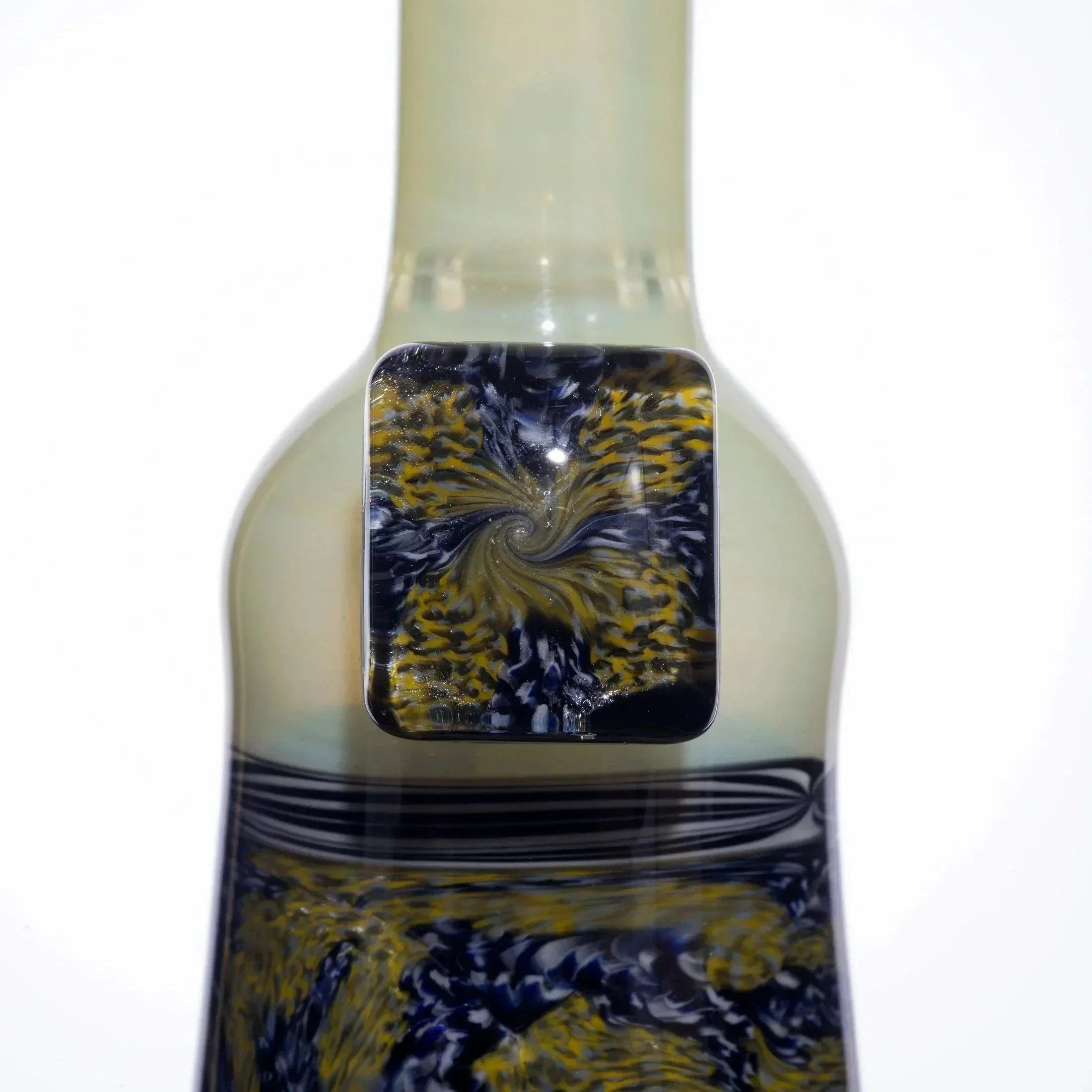 Heady glass pipe with swirling blue and gold fumed artwork, premium glass smoking accessory