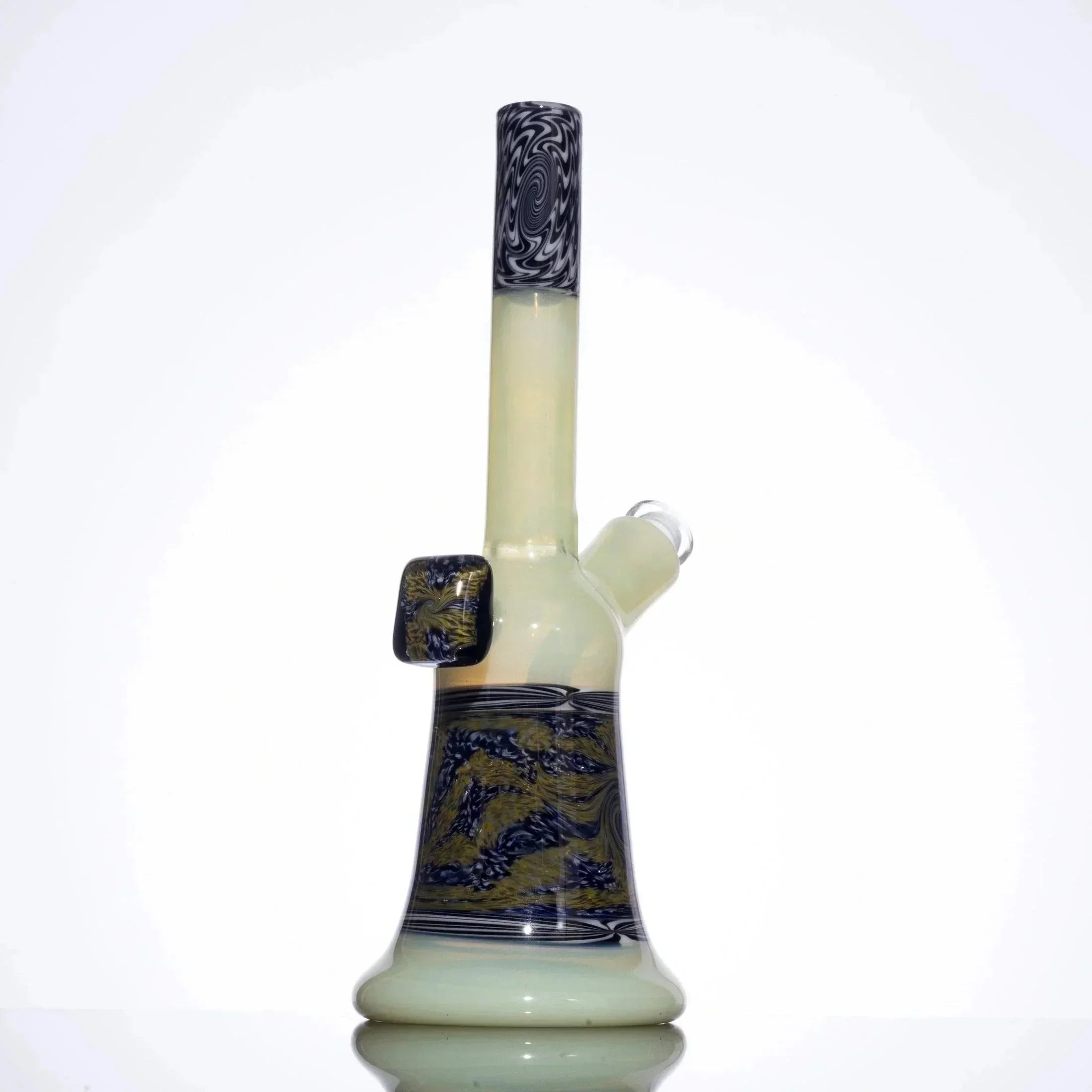 Handblown glass bong with black and gold swirls, heady glass design, premium smoking accessory