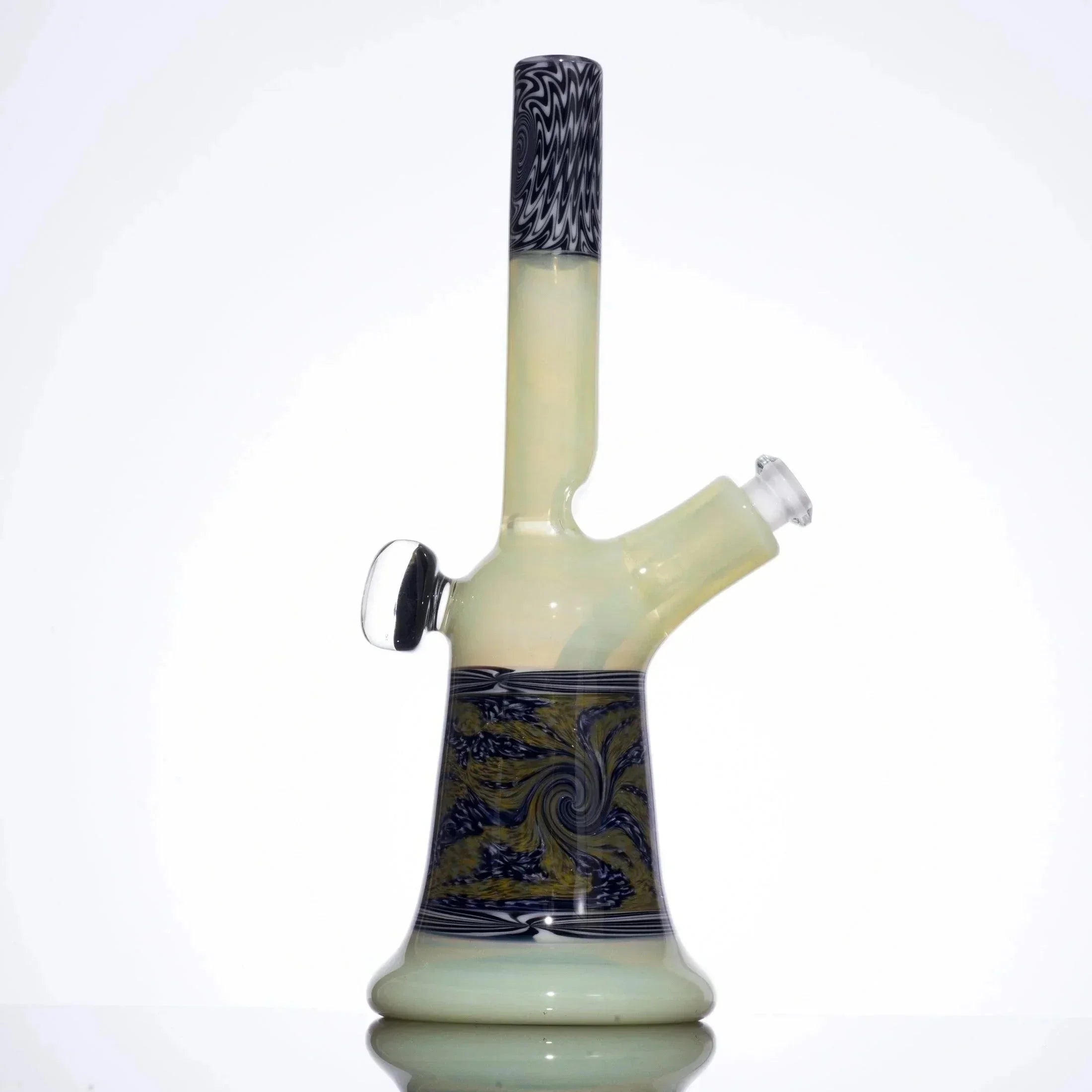 Hand-blown glass bong with swirling black and gold patterns, frosted base, and clear accents