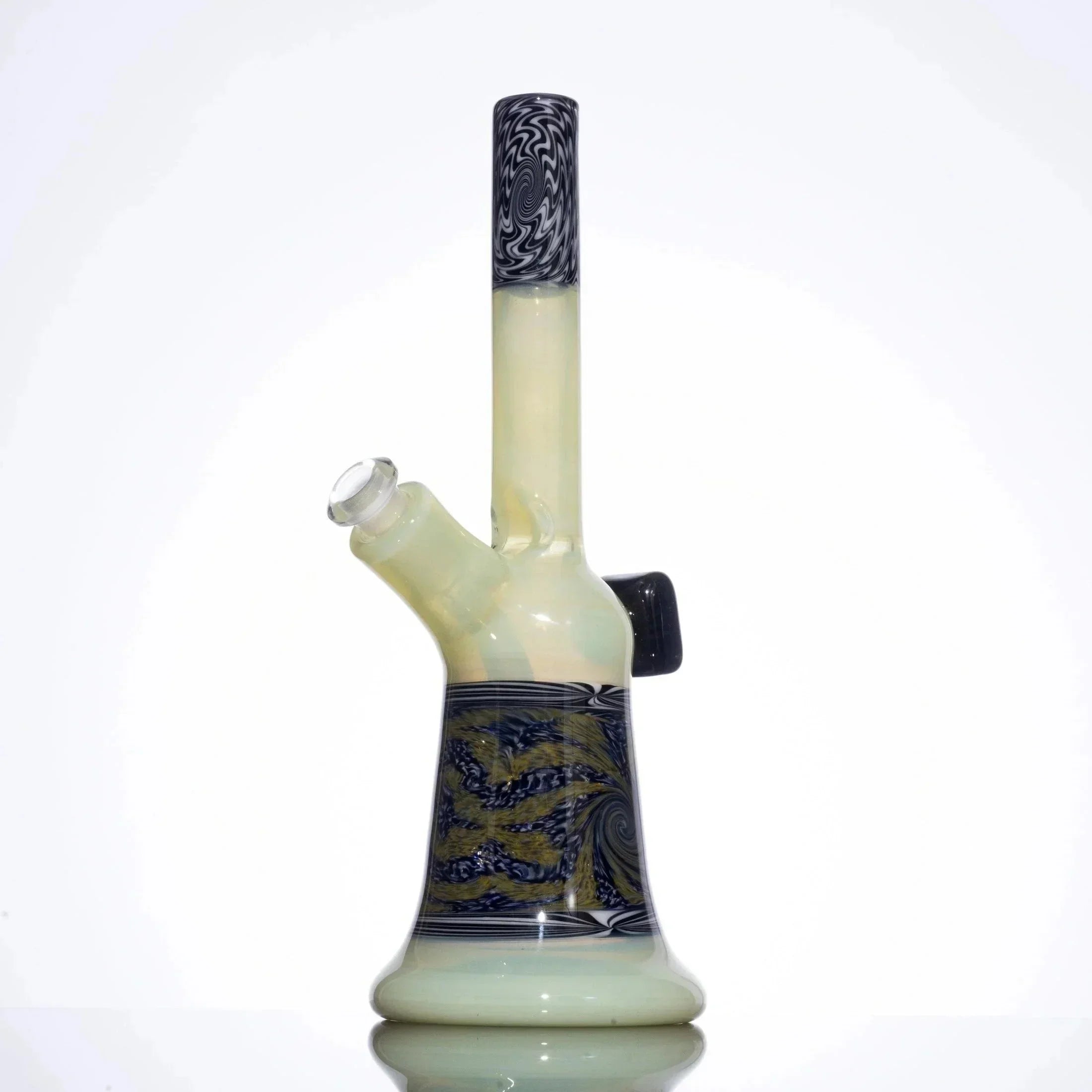 Hand-blown glass bong with black and gold swirls, featuring a tall neck and diffused base for smooth hits.