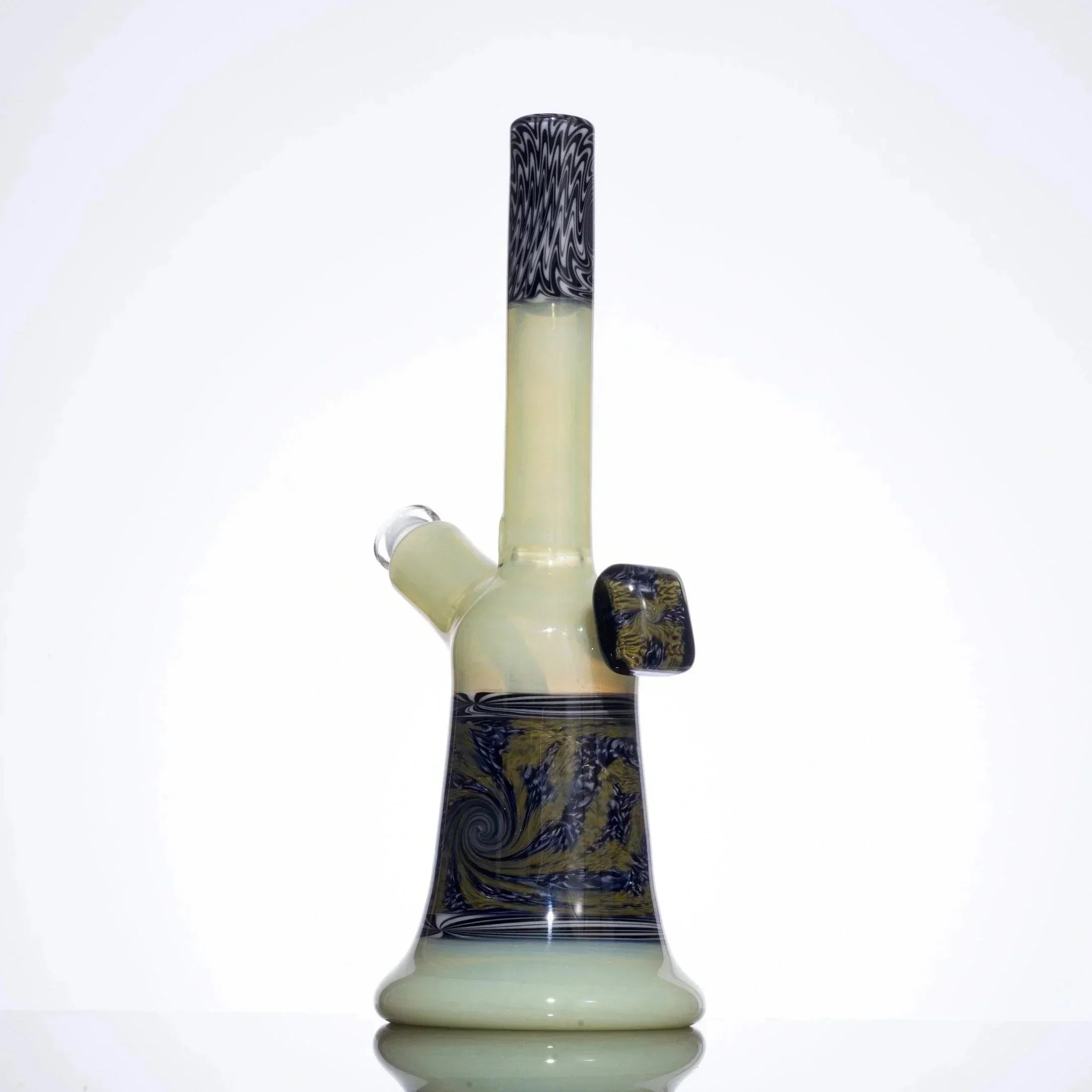 Hand-blown glass bong with black and gold swirls, heady glass design, premium smoking accessory
