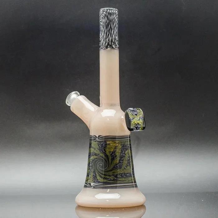 Hand-blown glass bong with green swirls and zebra-patterned mouthpiece, premium heady glass accessory