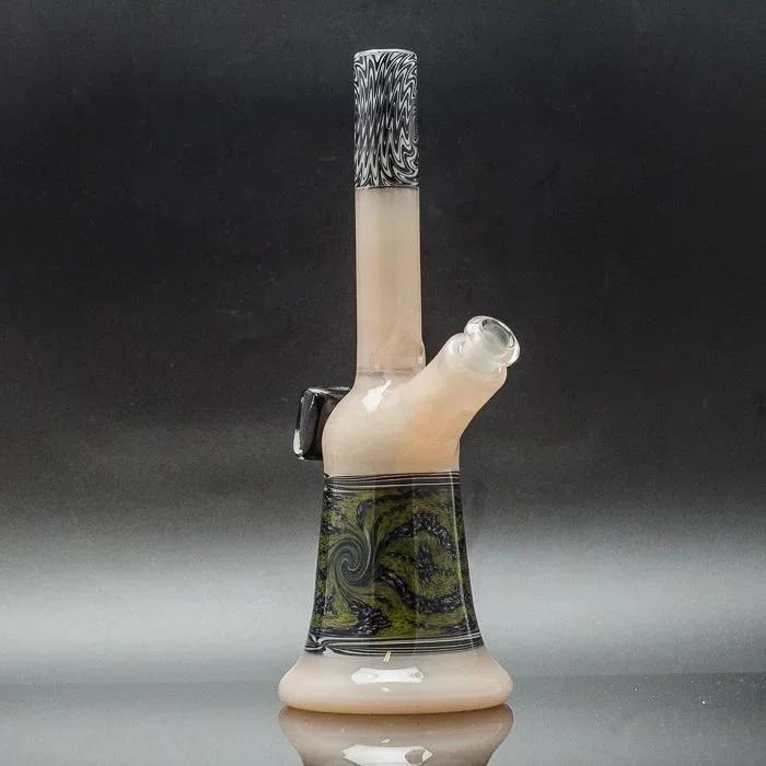 Handblown glass bong with green swirls and black accents, featuring a tall neck and diffused base