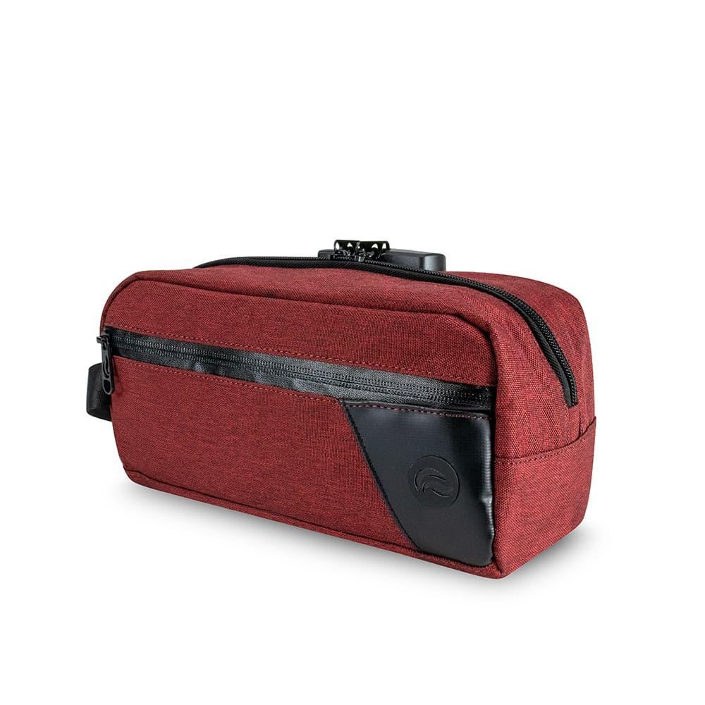 Burgundy smell-proof travel pouch with black zippers and corner accent, side view