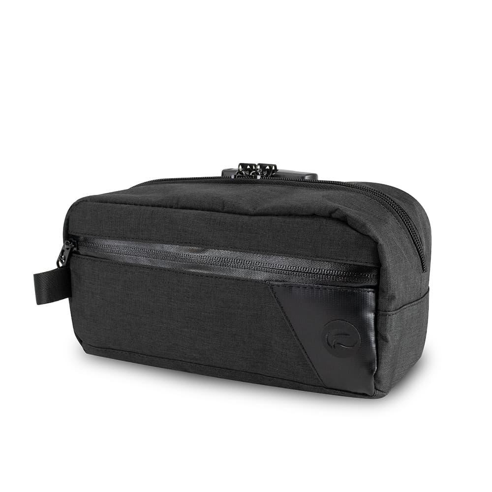 Charcoal gray smell-proof travel kit bag with zipper pocket and water-resistant fabric.