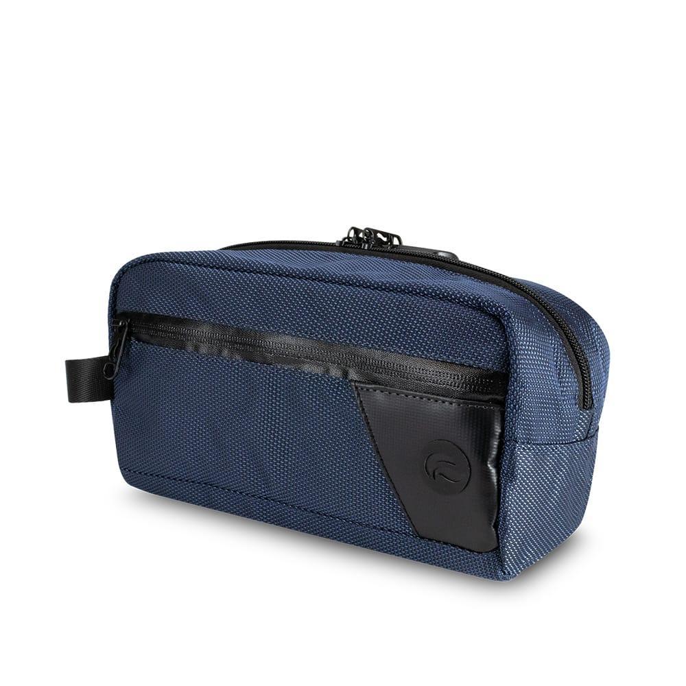 Midnight blue zippered pouch with black accents, smell proof storage bag on white background