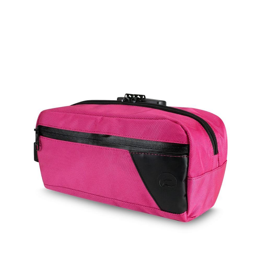 Pink smell-proof stash bag with black zipper and front pocket for smoking accessories