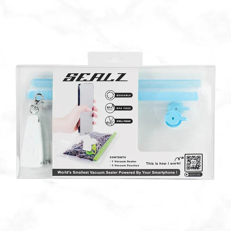 Sealz vacuum sealer kit with vacuum device and blue reusable BPA-free storage bags.