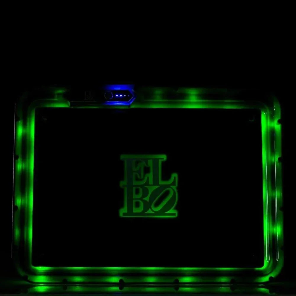 Black glow rolling tray with green LED lights and ELBO logo in a dark setting