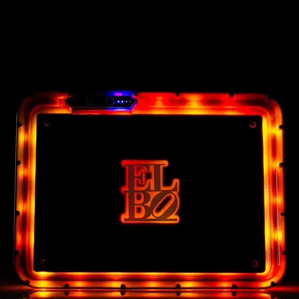 Black LED rolling tray with orange glow lights and ELBO logo in center