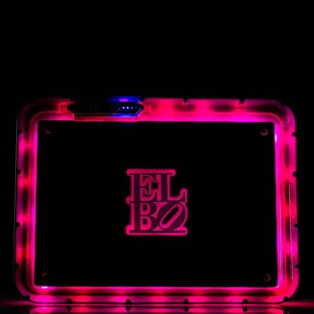 LED rolling tray with glowing pink border and ELBO logo on black surface