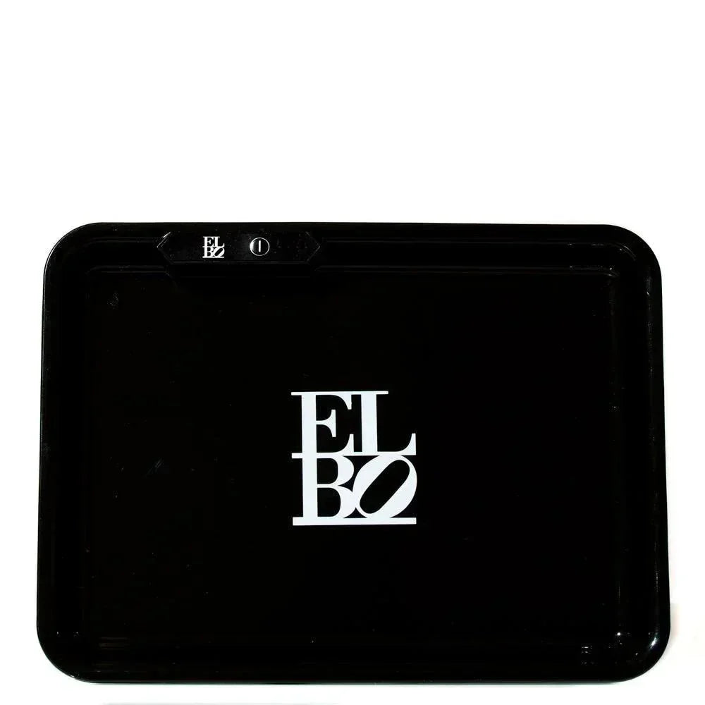 Black glow rolling tray with white ELBO logo, rectangular shape, sleek finish