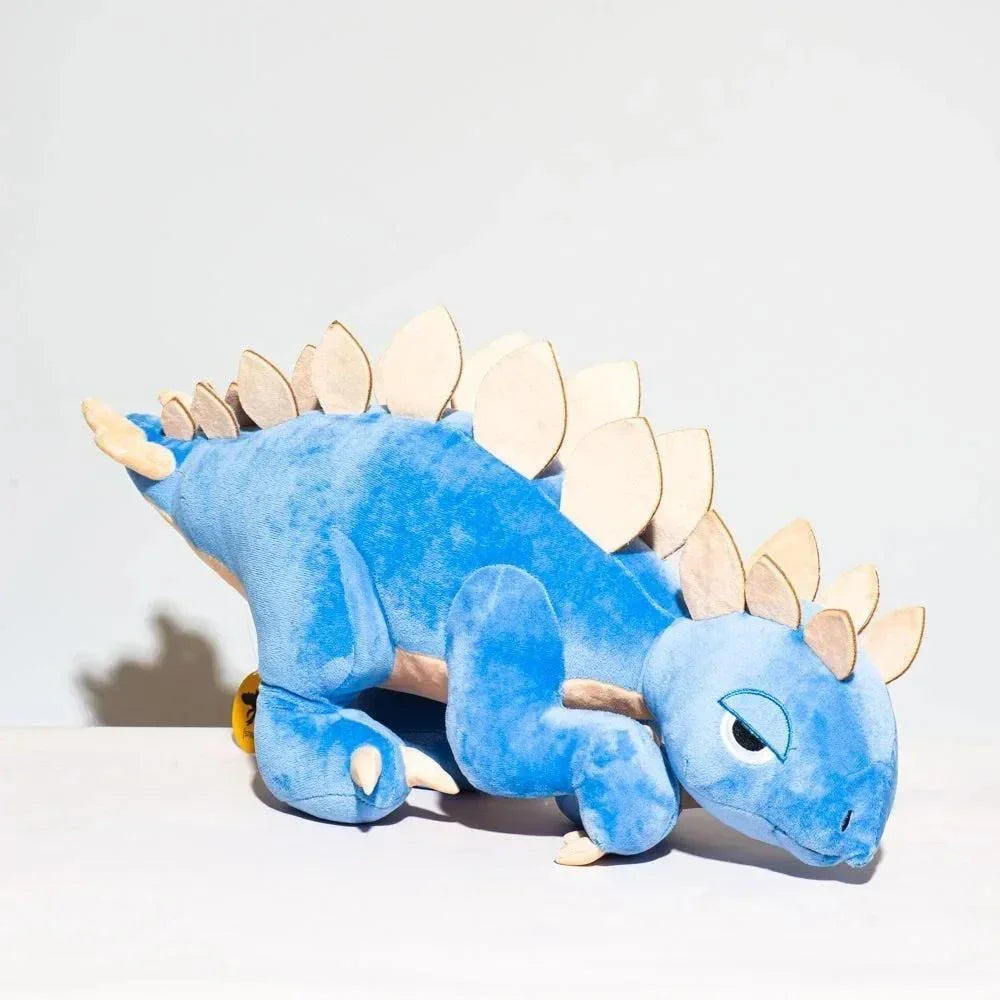 Blue and beige stegosaurus plushie dinosaur toy with soft fabric and felt spikes