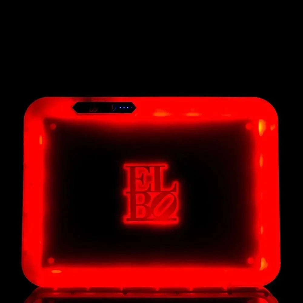 Red glowing ELBO vaporizer with illuminated logo and sleek design