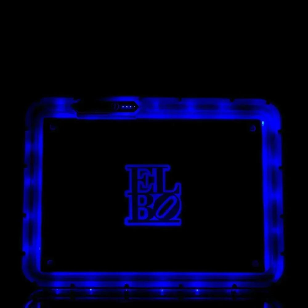 Blue LED-lit ELBO device with glowing edges and logo, ideal for vaporizer enthusiasts