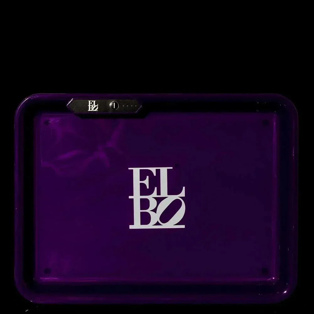 Purple ELBO branded rolling tray with sleek design and metallic logo, ideal for smoking accessories.