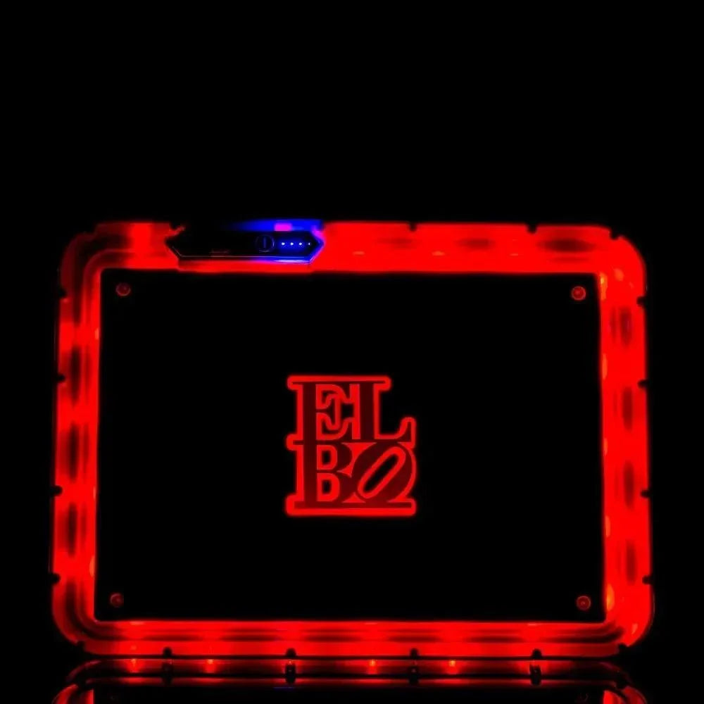 Red LED-lit ELBO device with glowing logo and blue power indicator, ideal for vaporizer enthusiasts.
