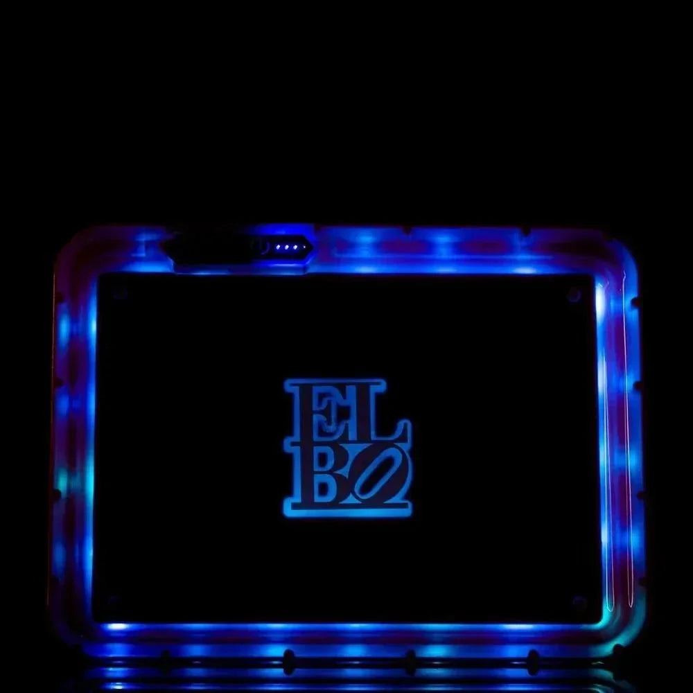 LED glow rolling tray with ELBO logo, illuminated blue border on black background