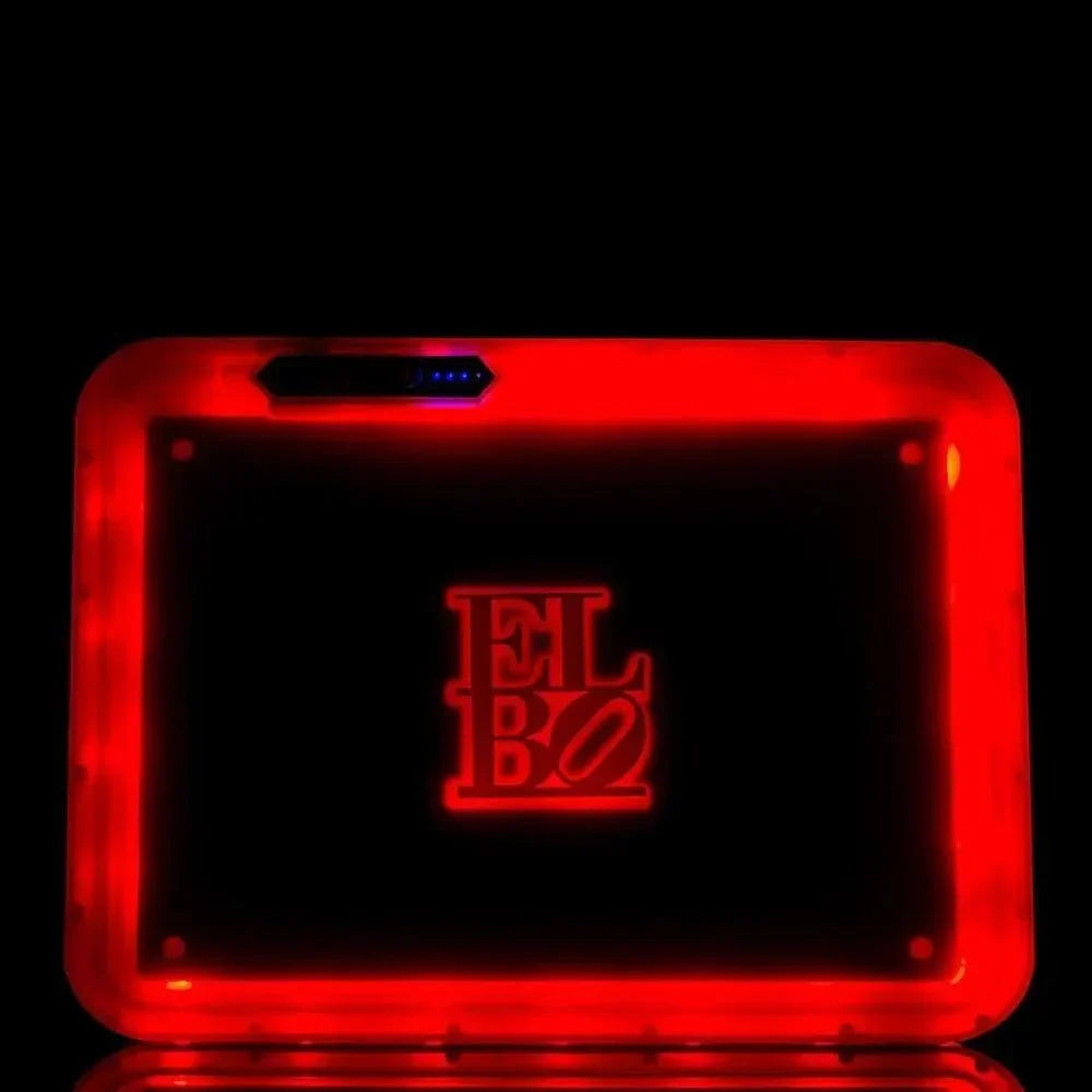 Rectangular red LED glow tray with ELBO logo, illuminated against a black background