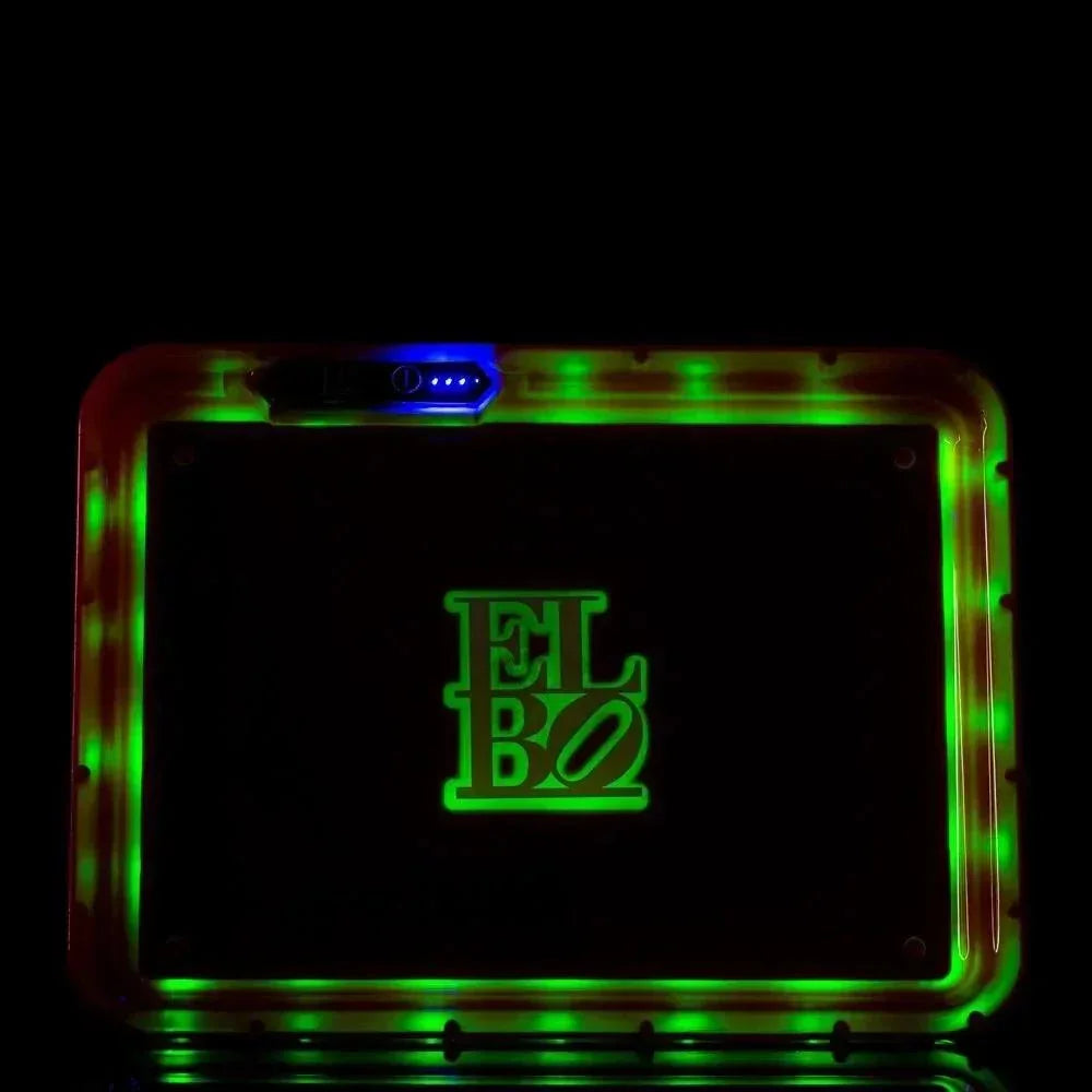 Rectangular LED rolling tray with glowing green and red lights, ELBO logo in center