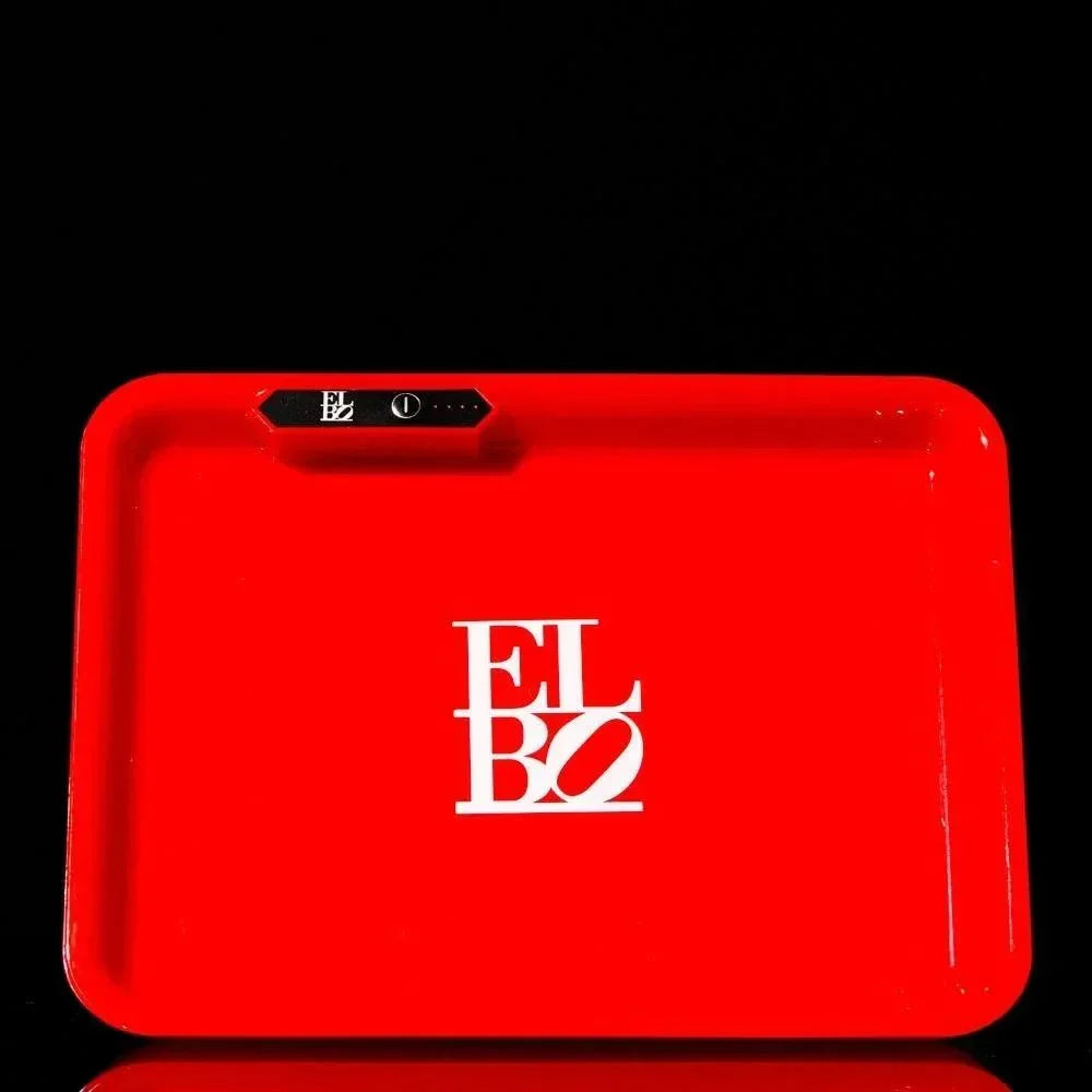 Red glow rolling tray with ELBO logo and built-in LED lights on black background