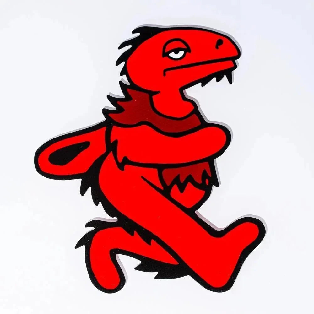 Red dancing dinosaur cartoon sticky mat on white background.