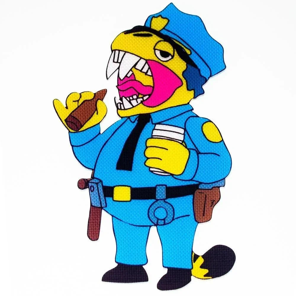 Cartoon animal character in a police uniform holding a donut and coffee, colorful mat