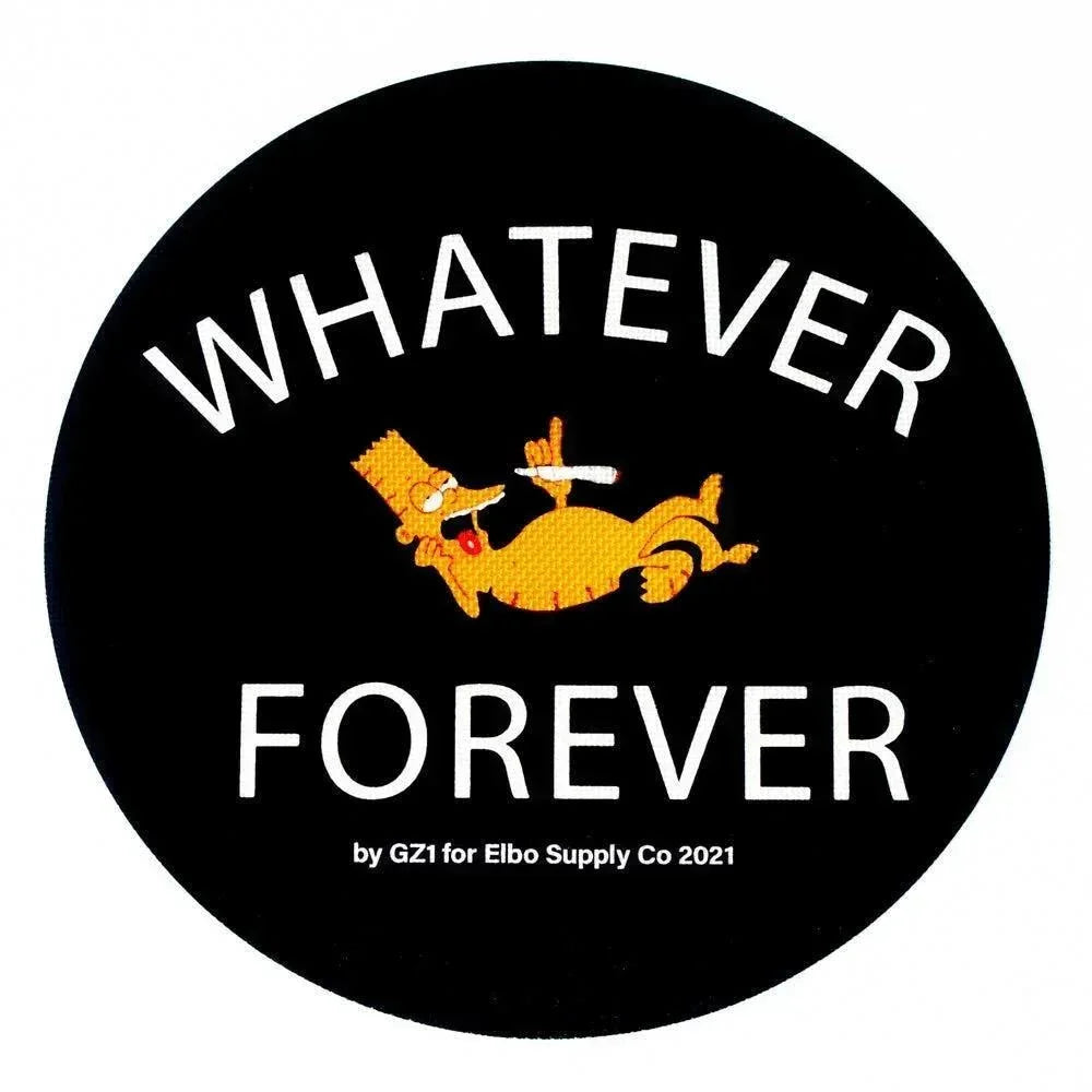 Round mat with cartoon character lounging, holding accessories, text 'Whatever Forever' on black background.