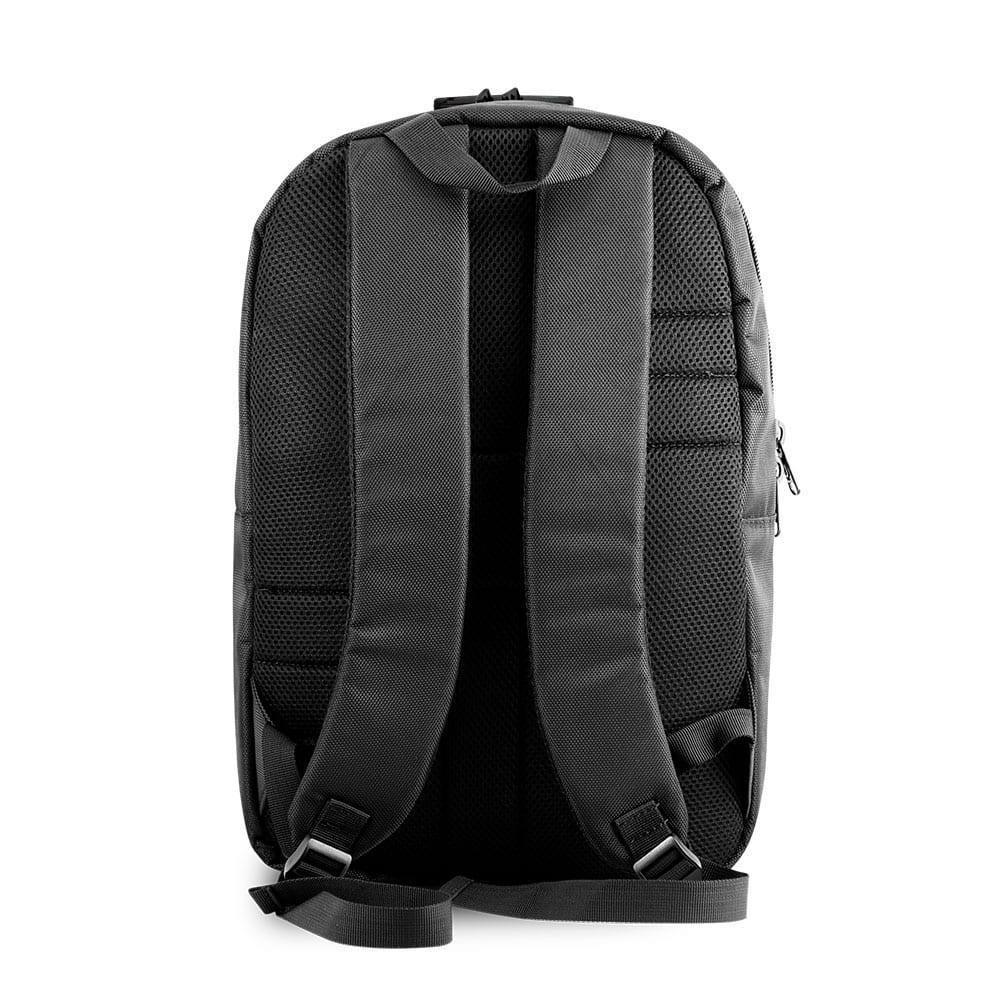 Black backpack with padded straps and breathable mesh back panel, rear view