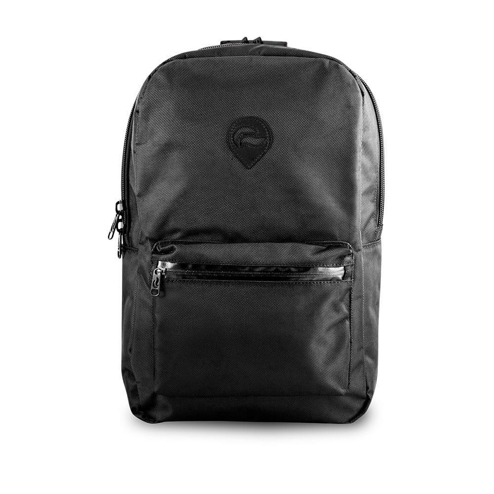 Black smell-proof backpack with front zipper pocket and subtle logo, odor-resistant bag