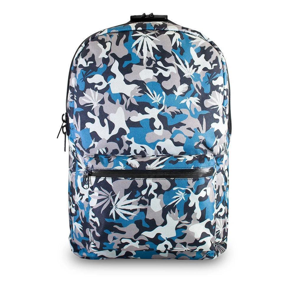 Blue camo backpack with leaf pattern and front zip pocket, smoke shop accessory.