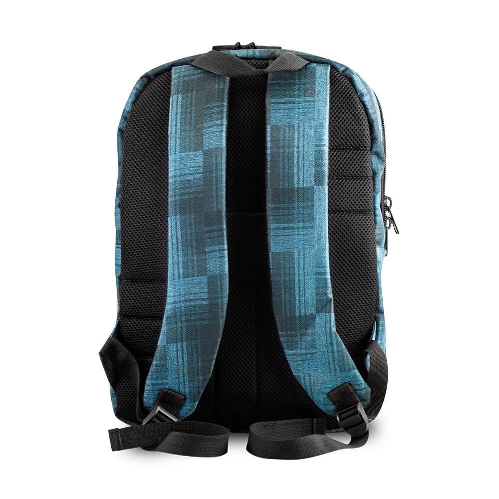 Blue plaid backpack with padded shoulder straps and black mesh back panel