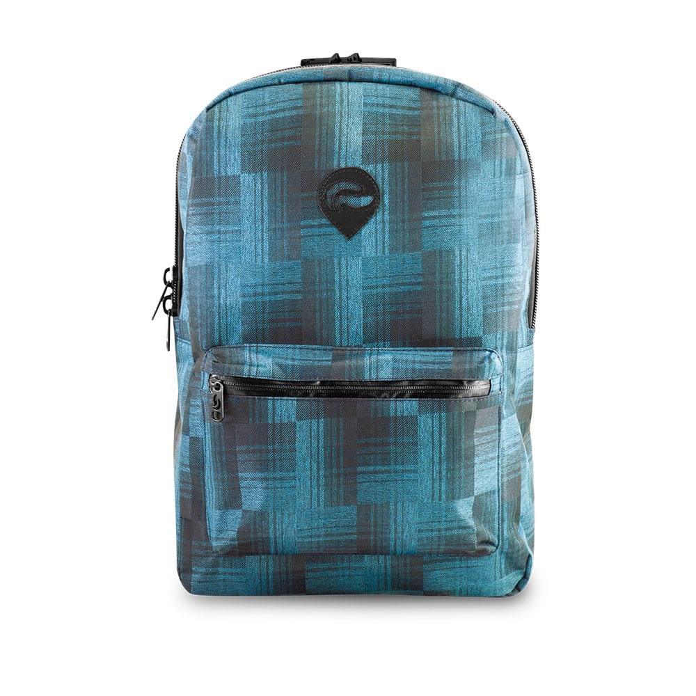 Blue plaid backpack with front zip pocket and black logo patch, isolated on white
