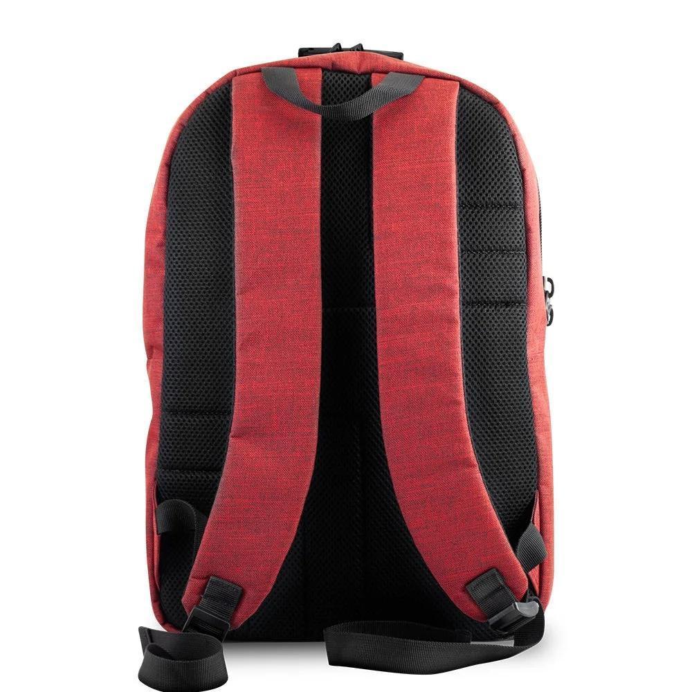 Back view of a burgundy backpack with padded black straps and mesh back panel