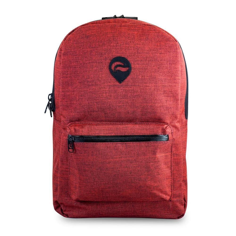 Burgundy backpack with front zipper pocket and black logo, minimalist school bag