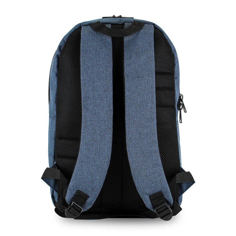 Back view of a denim blue backpack with padded adjustable shoulder straps and black accents
