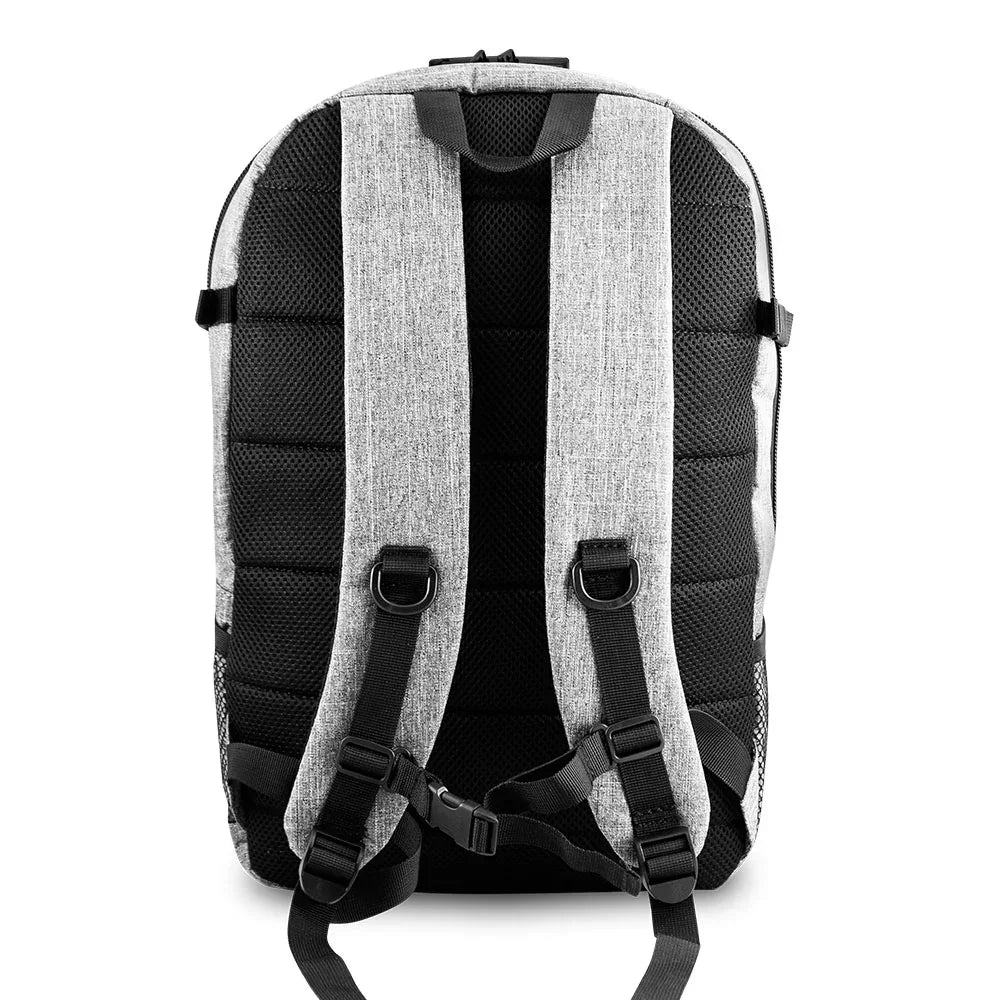 Gray and black backpack with padded straps and mesh back, rear view, on white background