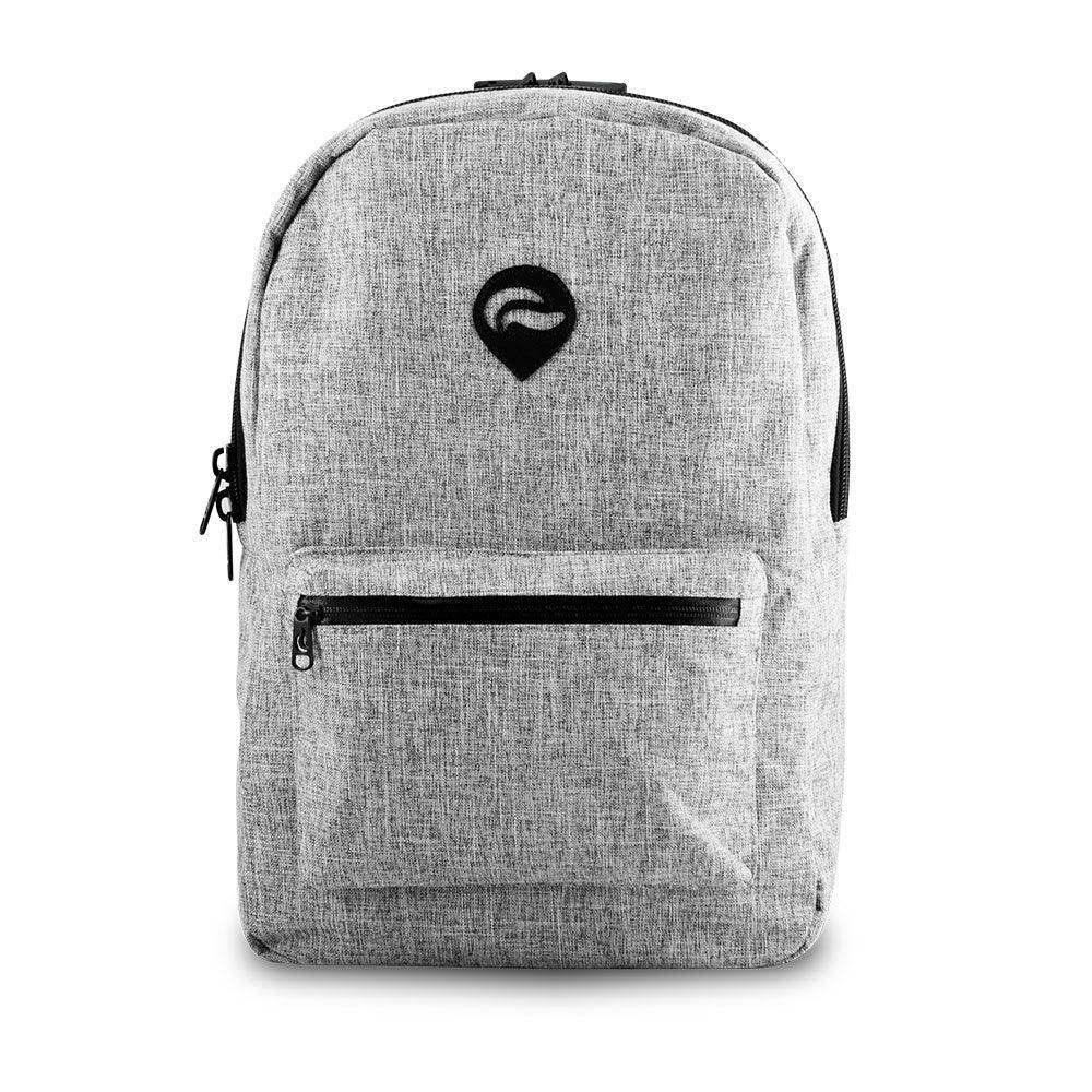 Gray fabric backpack with front zipper pocket and black accent design on white background