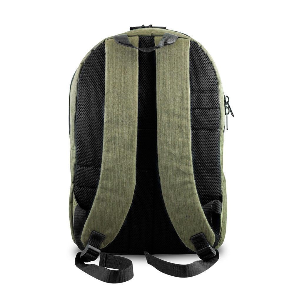 Olive green backpack rear view with padded straps and black mesh back panel