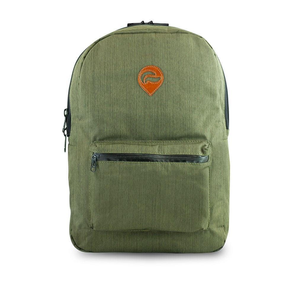 Olive green backpack with front pocket and small logo patch, minimalist design