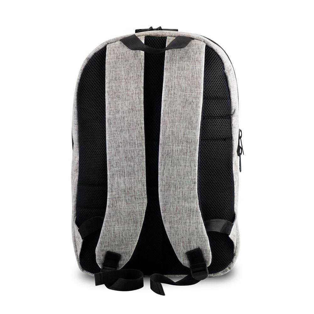 Back view of khaki backpack with padded shoulder straps and black mesh padding