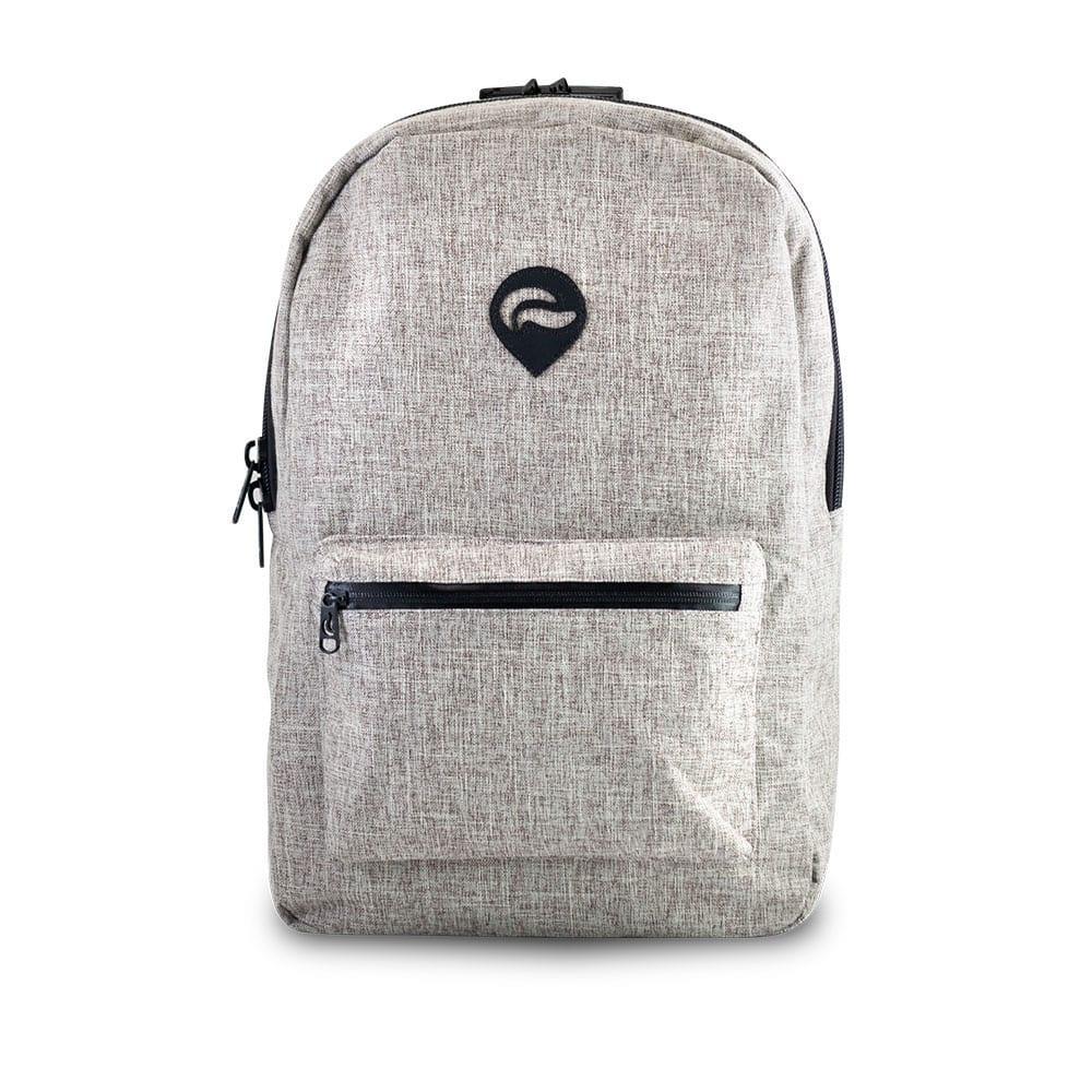 Khaki backpack with black zipper and front pocket, modern minimalist design, on white background
