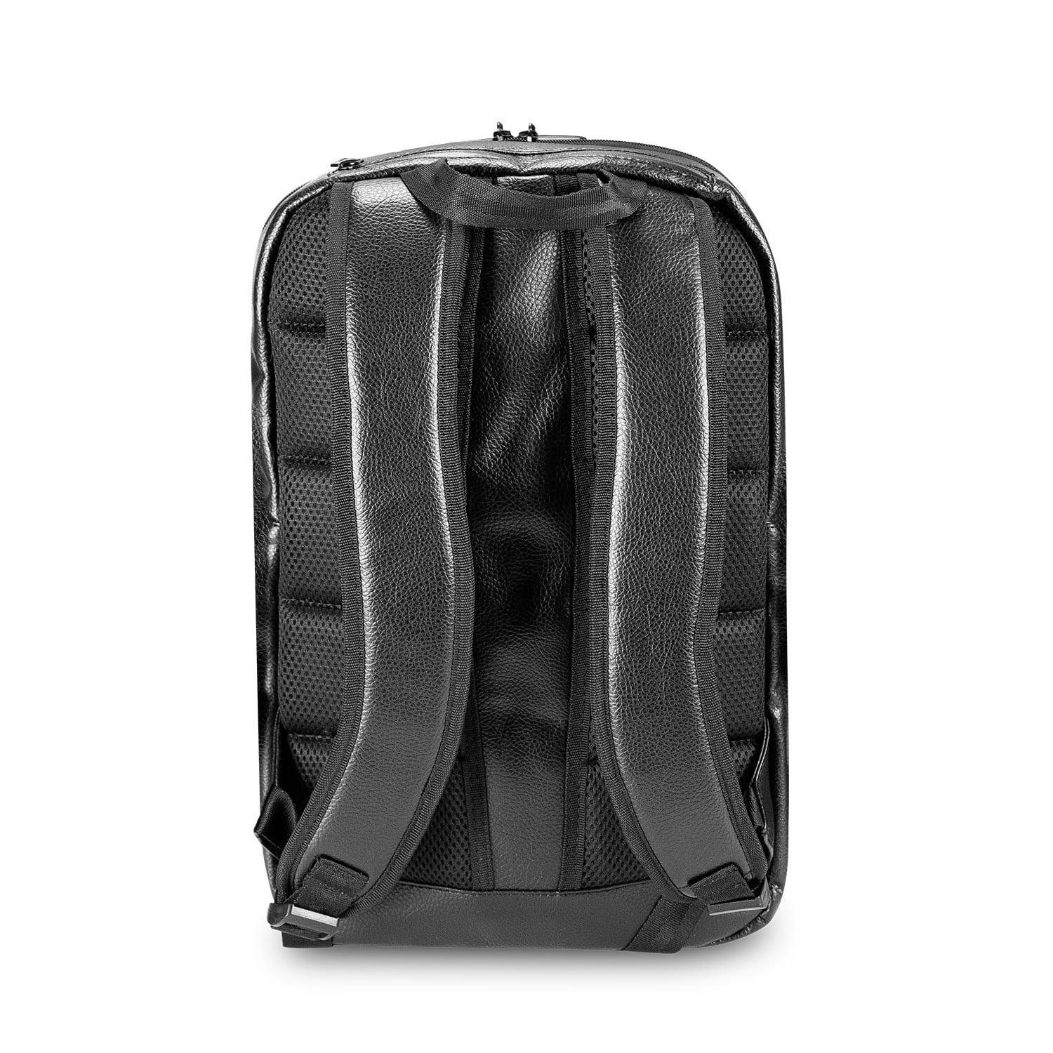 Black padded backpack with ergonomic shoulder straps and textured back panel