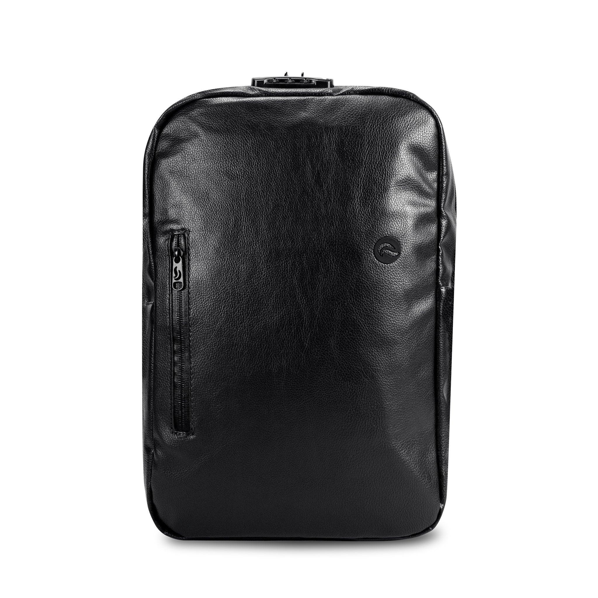 sleek black leather backpack with front zipper pocket and combination lock