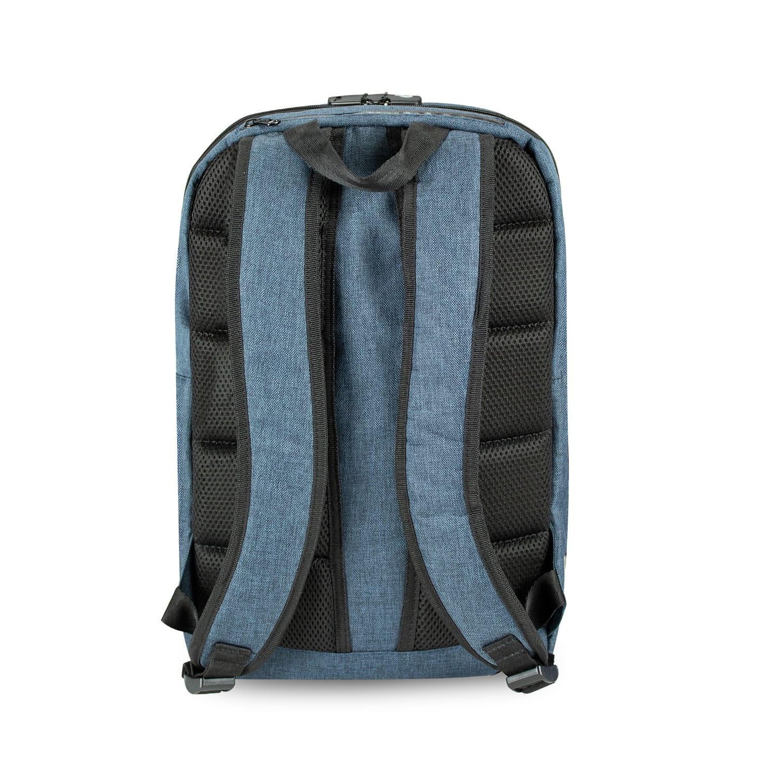 Blue backpack with padded black straps and handle, rear view on white background