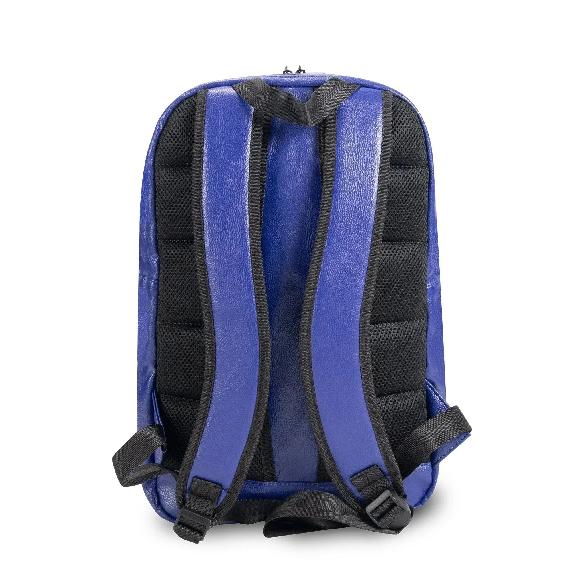 Blue leather backpack with padded black mesh back and adjustable shoulder straps